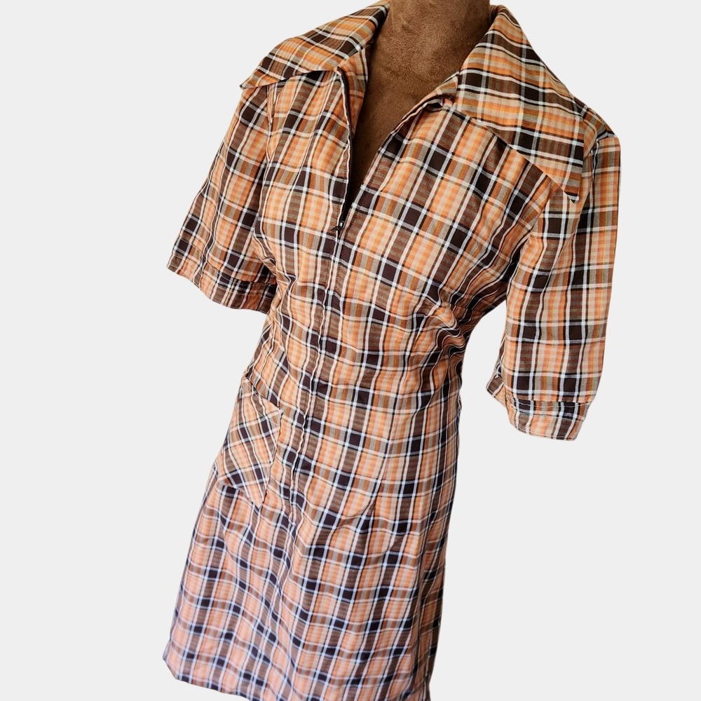 1950s Nelly Don Day Dress Retro Housewife Brown Orange Tartan Plaid Zip Front